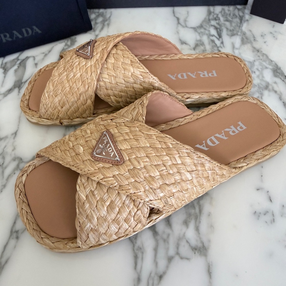 Prada Mens Woven Raffia Strap Slide Sandals Tan UK 7, 2X3142 - Picture 9 of 13